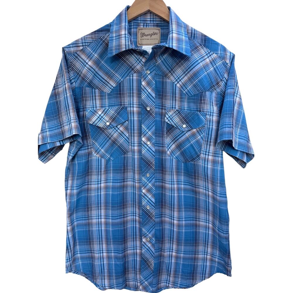 Wrangler Western Snap Button Shirt Mens Medium Blue Plaid Short Sleeve Cowboy